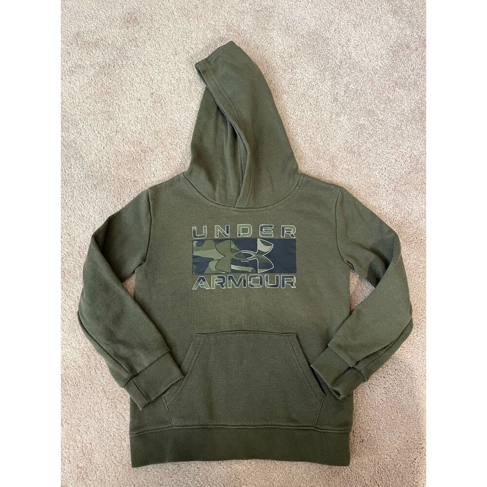 Under Armour Rival Fleece Hoodie, Olive Green Camo Box Logo, Size 6